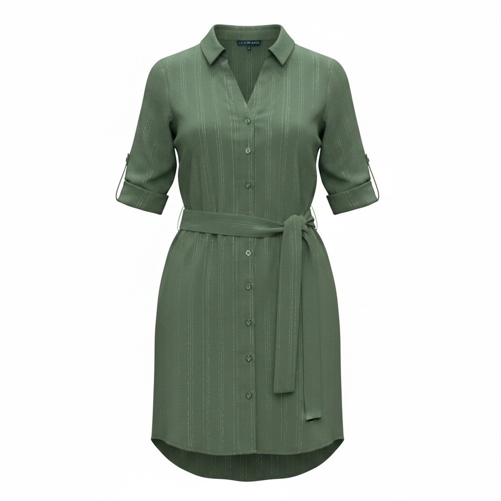 Fred David Olive Green Gold Metallic Pinstripe Shirt Dress Chic Statement Size M